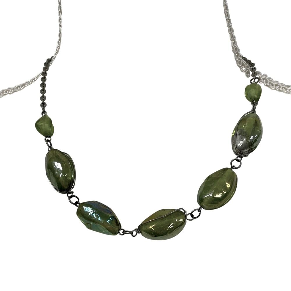 Green Glass Oval Bead Necklace Short Vintage Rustic Boho